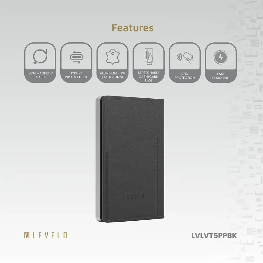Levelo Vermont Portable 3 in 1 Wallet Power Bank - Black
